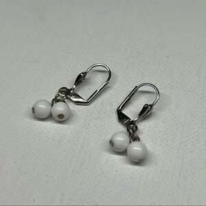Vintage Silver Tone and White Beaded Drop Leverback Earrings